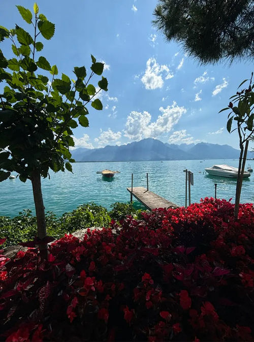 Most of the hotels, like this one in Montreaux, included spectacular views of lakes and mountains.