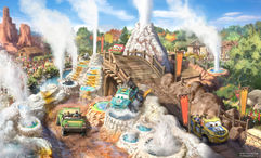 Concept art for the Cars Ridge Run Rally attraction in Piston Peak, one of the new themed lands coming to Magic Kingdom.