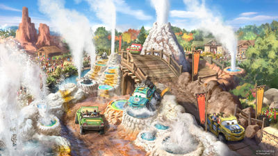 Concept art for the Cars Ridge Run Rally attraction in Piston Peak, one of the new themed lands coming to Magic Kingdom.
