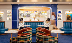 The dining room at the BlueHouse Boston lounge, which opens Aug. 27 at Boston Logan Airport.