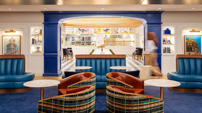 The dining room at the BlueHouse Boston lounge, which opens Aug. 27 at Boston Logan Airport.