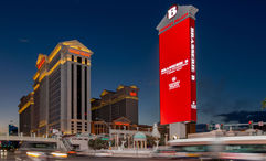 A 210-foot-tall-by-62-foot-wide marquee has been installed in front of Caesars Palace, which is celebrating 60 years of operations with memorabilia and special food and beverage menu items reminiscent of 1966 cuisine.