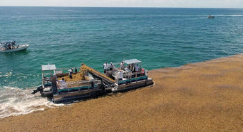 A boat collecting sargassum in Mexico before it can reach the shoreline.