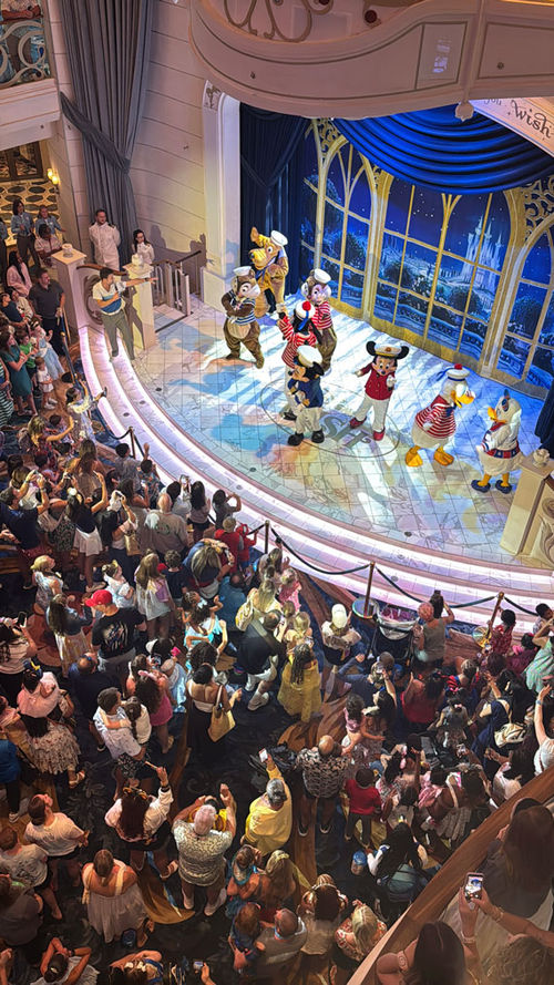 A stage show on the Disney Wish featured appearances by Disney's most popular characters. A stage show on the Disney Wish featured appearances by Disney's most popular characters.
