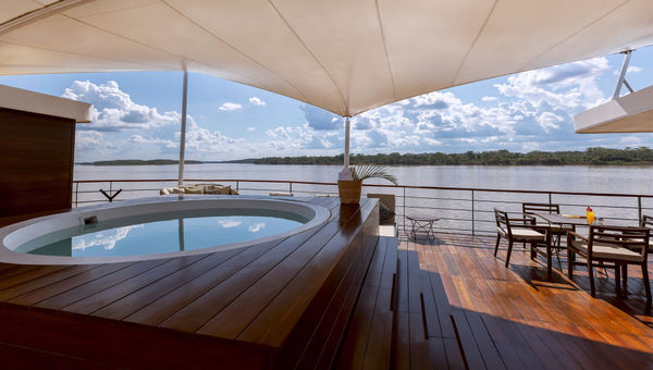 The sundeck with a hot tub onboard the Zafiro. The sundeck with a hot tub onboard the Zafiro.