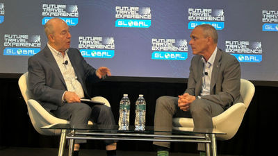 American Airlines' chief commercial officer Nat Pieper (right) at the Future Travel Experience conference in Grapevine, Texas.