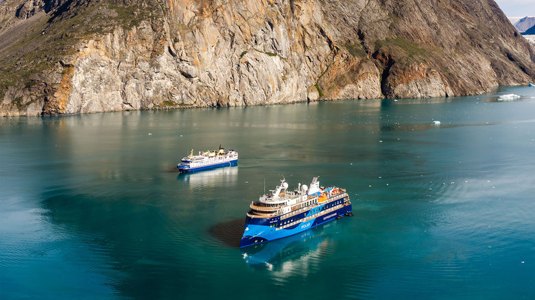 The Ocean Nova and Ocean Victory pass each other for the first time in Greenland's Evighedsfjorden.