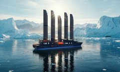 A rendering of Selar’s Captain Arctic, a ship with five solid sails made from aluminum.
