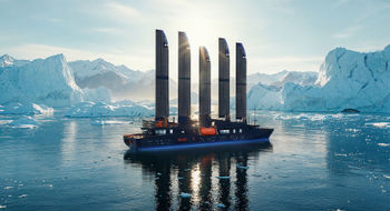 A rendering of Selar’s Captain Arctic, a ship with five solid sails made from aluminum.
