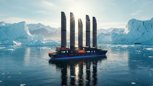 A rendering of Selar’s Captain Arctic, a ship with five solid sails made from aluminum.