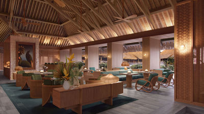 A lounge rendering for the Regent Bora Bora, a resort currently closed and undergoing renovations.