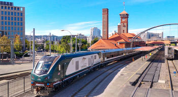 A new Airo trainset on the Amtrak Cascades route in Portland, Ore.