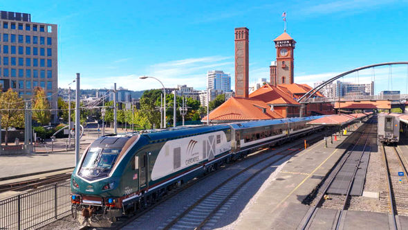A new Airo trainset on the Amtrak Cascades route in Portland, Ore.