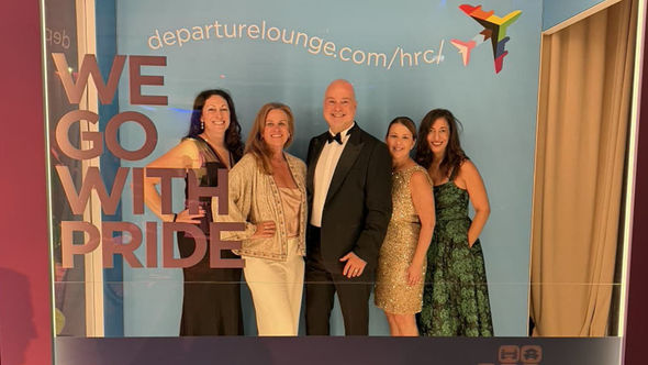Keith Waldon (center), founder and director of Departure Lounge, was joined by Departure Lounge advisors (from left) Jennifer Waigand, Heather Herbert, Jessica Griscavage and Amy Moore at the Human Rights Campaign’s annual National Dinner in Washington, D.C.