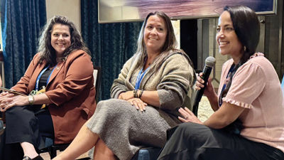 From left, Sarah Bonsall, Michelle Gammond and Nikki Hendrix at Travel Market 2026.