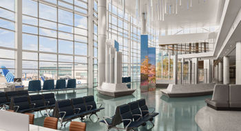 Images of the concourse show high ceilings and floor-to-ceiling windows.