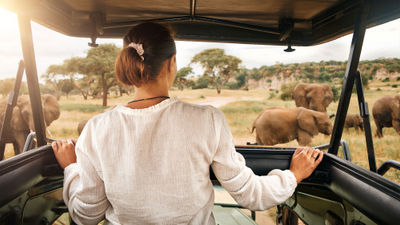 A woman on safari in Tanzania.