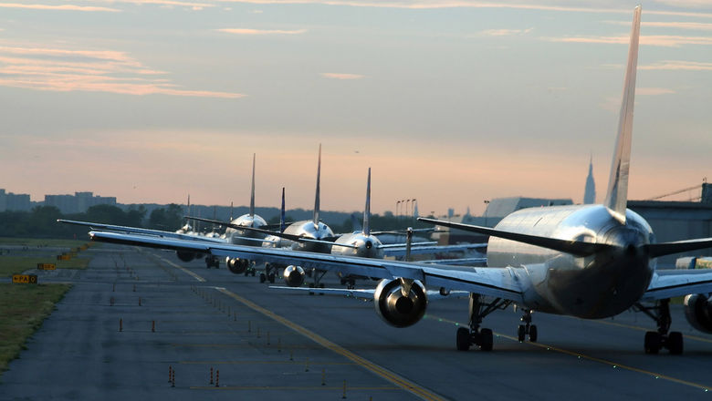 Planes lined up for departure at JFK Airport in New York. Airfares jumped 42% in September, according to the latest numbers from the Consumer Price Index.