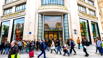 The entrance of the Louis Vuitton store on the Champs Elysees in Paris.