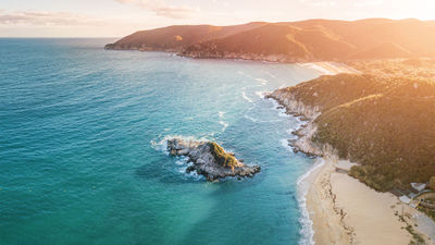 An aerial view of a beach in the Halkidiki region.