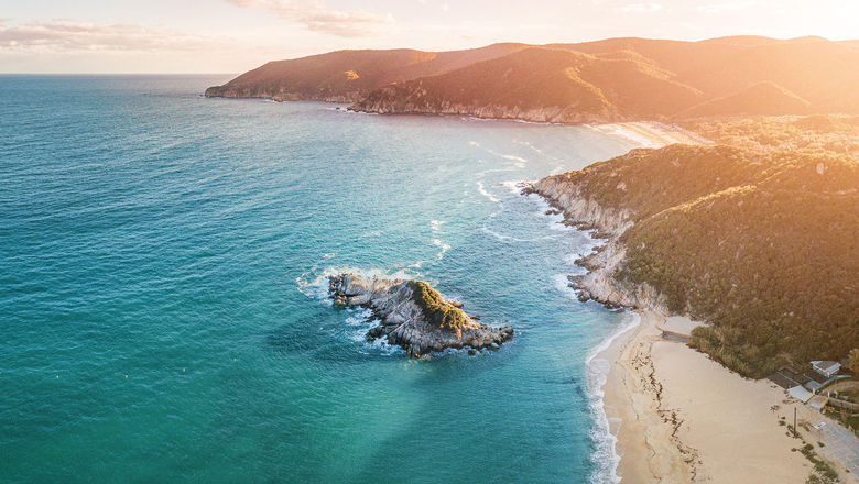 An aerial view of a beach in the Halkidiki region.
