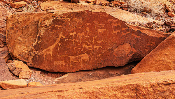 Bushman engravings and rock paintings, some dating back 10,000 years, can be found at Twyfelfontein, in Namibia's Damaraland region.