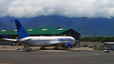 A United plane at Kahului Airport in Maui.