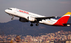 An Iberia Airlines plane taking off in Barcelona.
