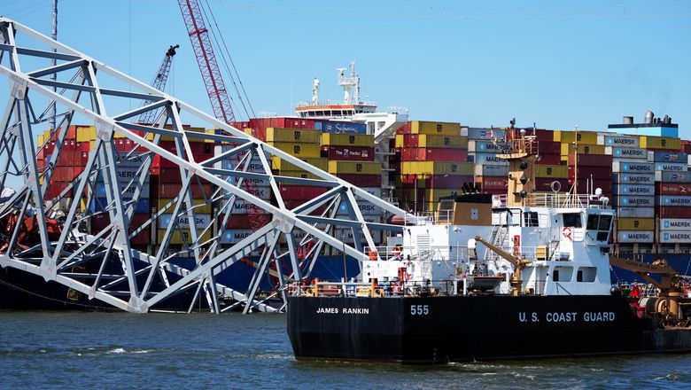 Wreckage of the Francis Scott Key Bridge in Baltimore's Patapsco River on April 23.