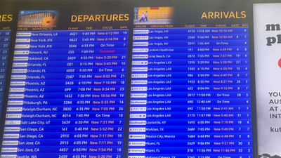 A departures and arrivals screen at Texas' Austin Airport showing flight delays and disruptions on July 19 related to the the Crowdstrike failure.