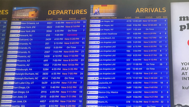 A departures and arrivals screen at Texas' Austin Airport showing flight delays and disruptions on July 19 related to the the Crowdstrike failure.