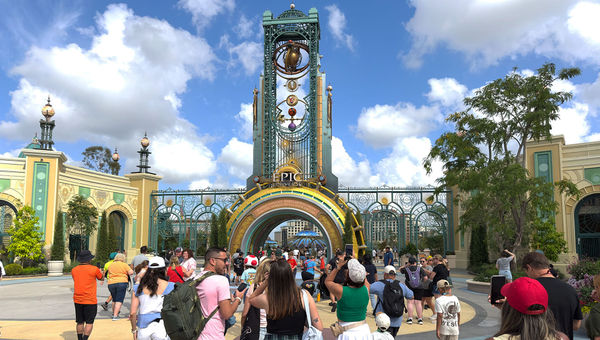 Guests enter the main gate of Epic Universe.