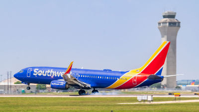 A Southwest jet landing in Austin, Texas.