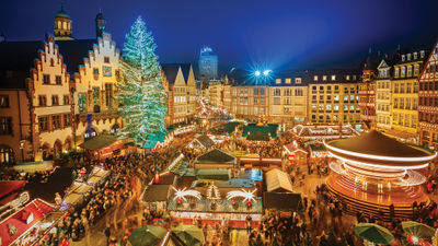 A traditional Christmas market in the historic center of Frankfurt.