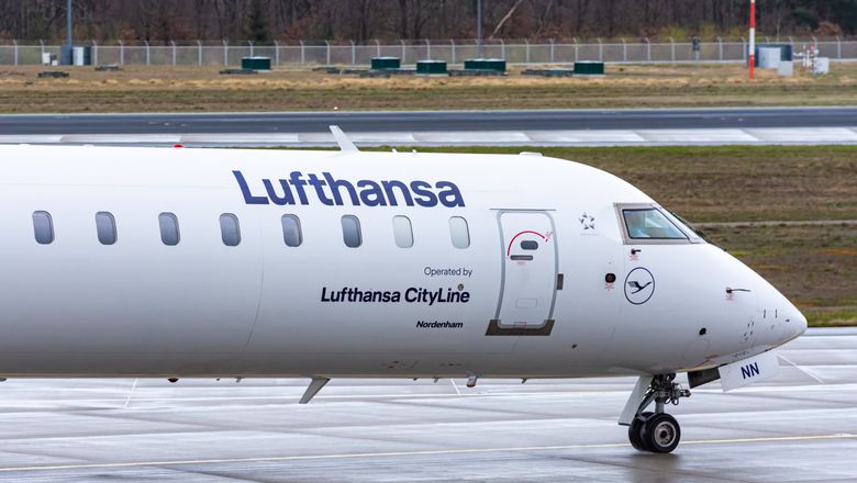 A Lufthansa CityLine regional jet at Frankfurt Airport. Lufthansa Group has shuttered CityLine operations to conserve jet fuel.