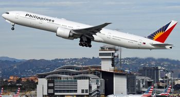 A Philippine Airlines Boeing 777 taking off in Los Angeles.