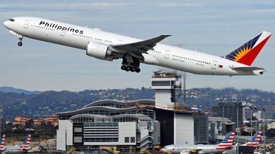 A Philippine Airlines Boeing 777 taking off in Los Angeles.