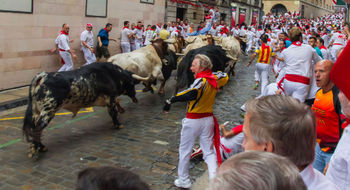 Runners of the San Fermin running of the bulls in Pamplona, Spain.