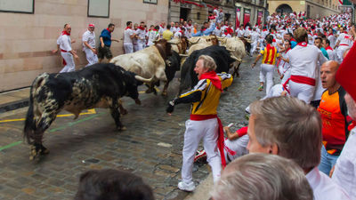 Runners of the San Fermin running of the bulls in Pamplona, Spain.