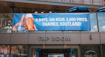 A banner outside the Samuel Adams Tap Room in Boston celebrating the Scottish soccer fans.