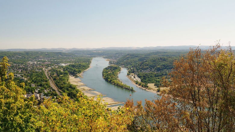 The Rhine River with low water levels in Konigswinter, Germany.