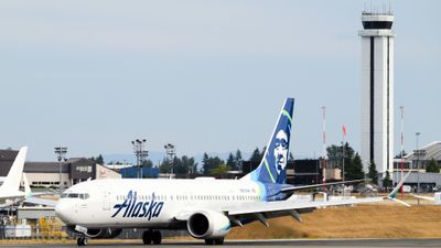 An Alaska Airlines jet at Paine Field.