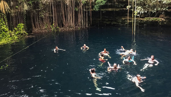 On a steamy day in the Yucatan, the chefs found respite from heat and humidity in a cenote. On a steamy day in the Yucatan, the chefs found respite from heat and humidity in a cenote.