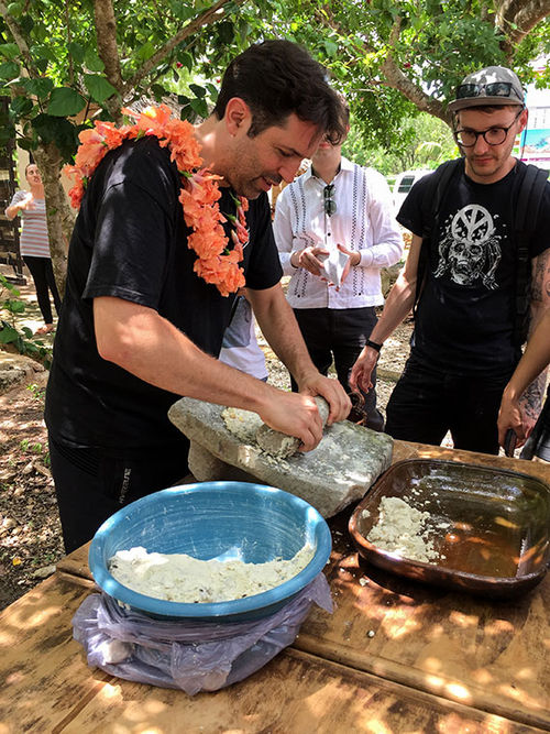 Ben Shewry of Attica restaurant in Melbourne tries his hand at grinding corn in the traditional Mayan fashion. Ben Shewry of Attica restaurant in Melbourne tries his hand at grinding corn in the traditional Mayan fashion.