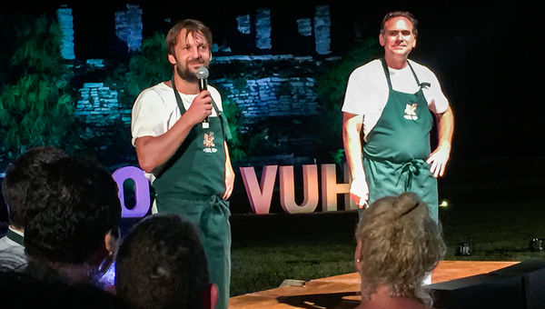 Rene Redzepi of Noma in Copenhagen and Roberto Solis of Nectar in Merida thank guests at the conclusion of Hokol Vuh. Rene Redzepi of Noma in Copenhagen and Roberto Solis of Nectar in Merida thank guests at the conclusion of Hokol Vuh.