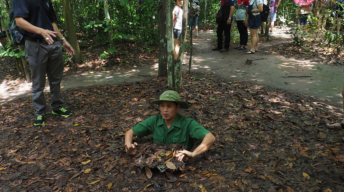 At the Cu Chi tunnels outside of Ho Chi Minh City, a display showcasing how the Viet Cong hid in underground bunkers during the Vietnam War.