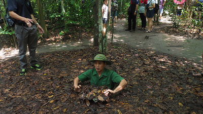 At the Cu Chi tunnels outside of Ho Chi Minh City, a display showcasing how the Viet Cong hid in underground bunkers during the Vietnam War.