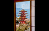 A view of the five-story pagoda at the Toyokuni Shrine (Senjokaku) from Ryokan Iwaso on the island of Miyajima, seen on Walk Japan's Shogun Trail.
