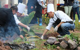 At the Hacienda Sarapampa, the Marriott's culinary team prepares a pachamanca (earth oven): Meat and potatoes are wrapped in plantain leaves and buried as the packets are cooked over hot stones.