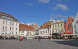 Tallinn's Town Hall Square, where old houses are often now restaurants, many with outdoor seating in good weather.